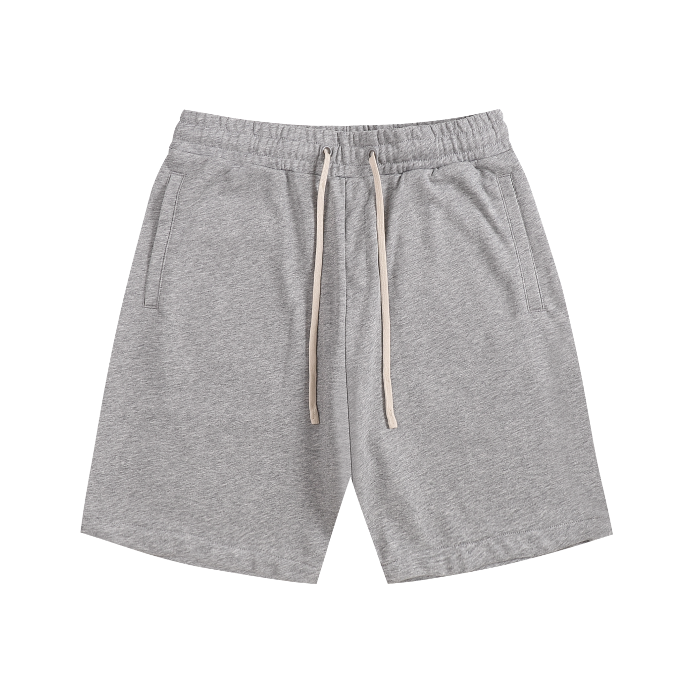 Gray shorts with a drawstring on a white background